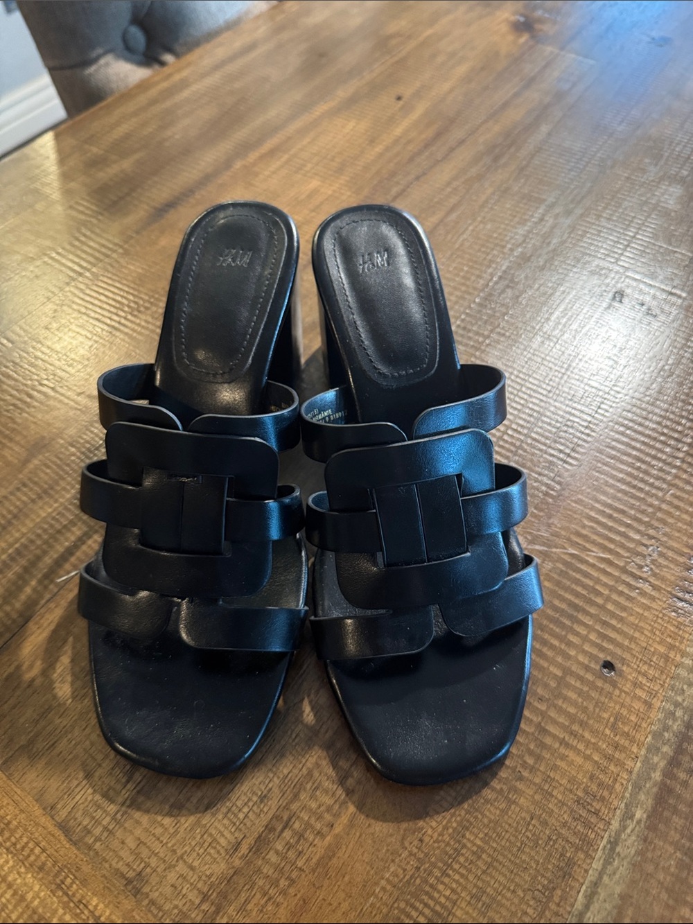 H&M Black Strappy Slide Mules with Geometric Accents